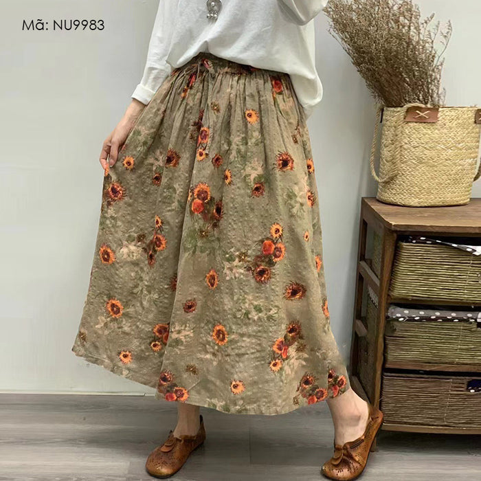 Chân váy linen lưng thun dây rút in hoa lá - NU9983