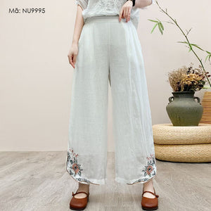 Quần baggy linen lưng thun ống xuông thêu hoa lá retro - NU9995