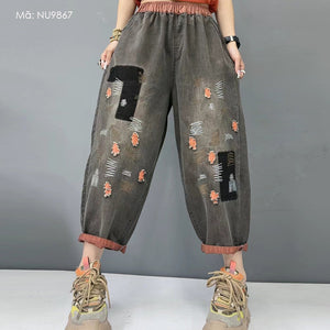 Quần baggy denim lưng thun thêu ziczac phối màu - NU9867