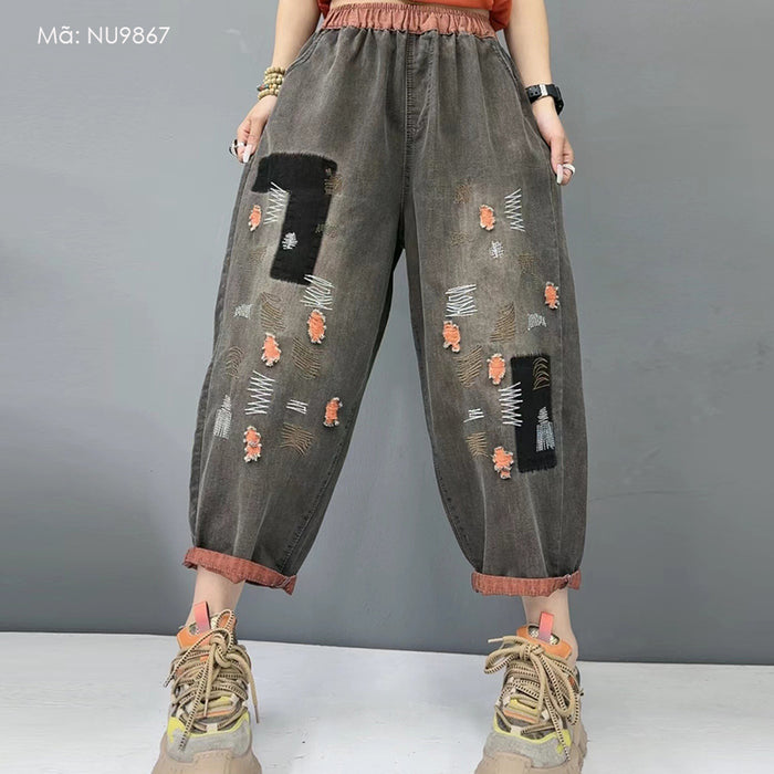 Quần baggy denim lưng thun thêu ziczac phối màu - NU9867