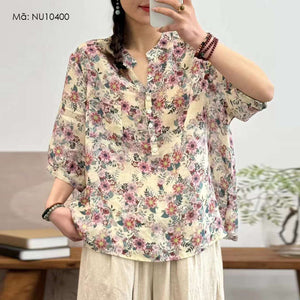 Áo sơ mi linen ngắn tay cao cổ năm khuy cài in hoa lá - NU10430