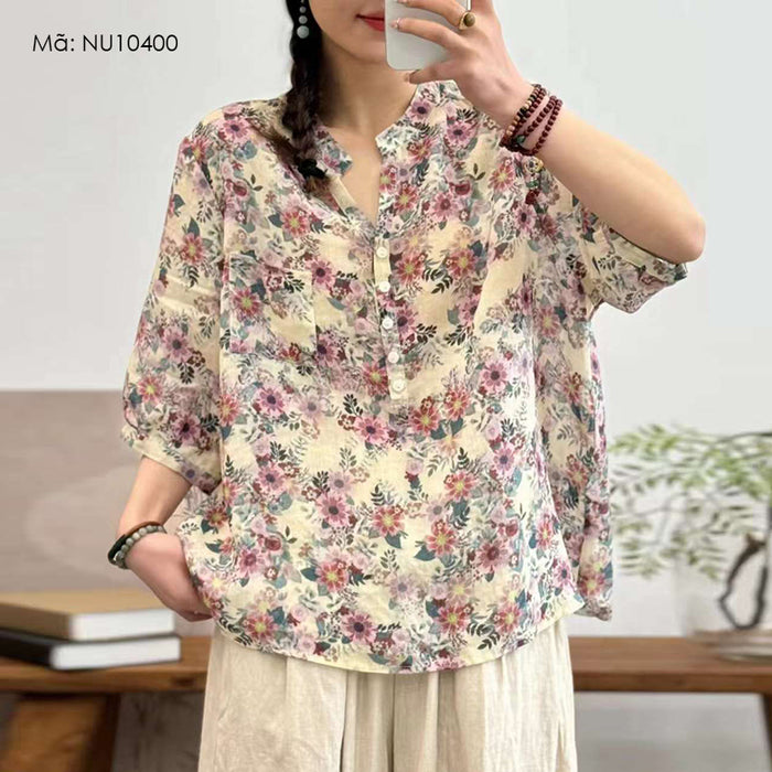 Áo sơ mi linen ngắn tay cao cổ năm khuy cài in hoa lá - NU10430