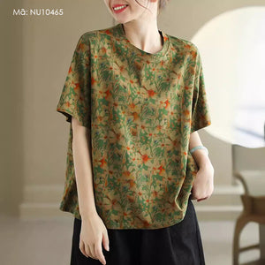Áo T-shirt ngắn tay cổ tròn in hoa lá retro - NU10465