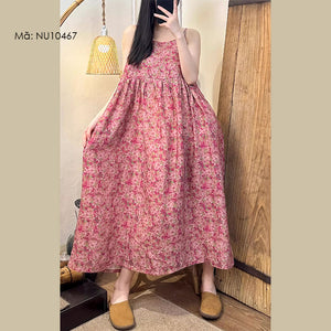 Đầm liền linen hai dây sát nách in hoa lá eo cao - NU10467