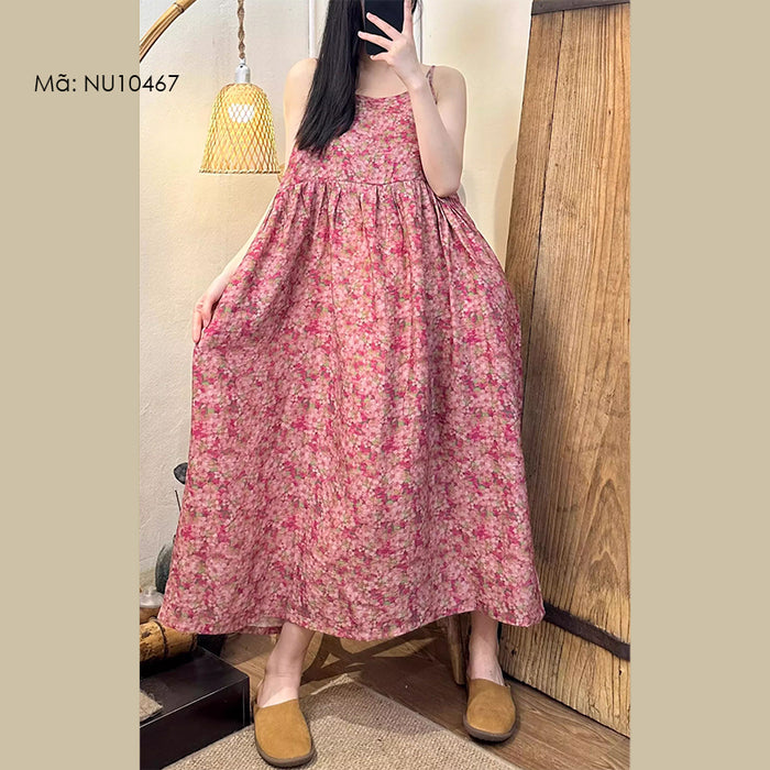 Đầm liền linen hai dây sát nách in hoa lá eo cao - NU10467