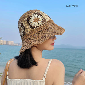 Mũ cói retro móc bông hoa - M011