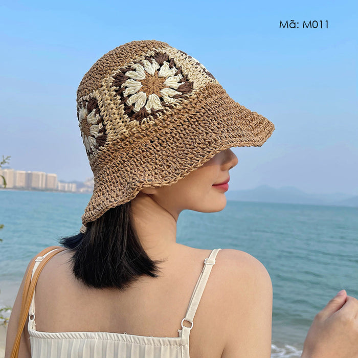 Mũ cói retro móc bông hoa - M011