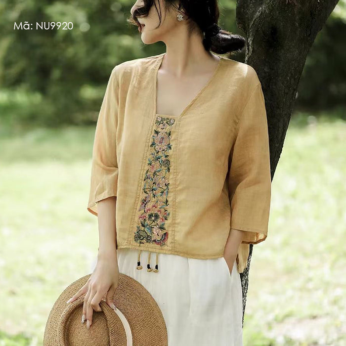 Áo sơ mi linen ngắn tay cổ V thêu hoa văn retro tua rua - NU9920
