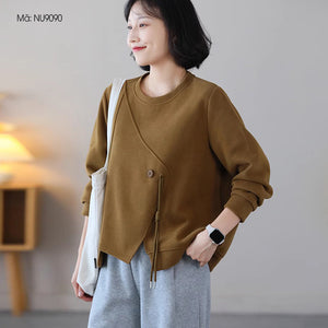 Áo T-shirt dài tay cổ tròn đính khuy - NU9089