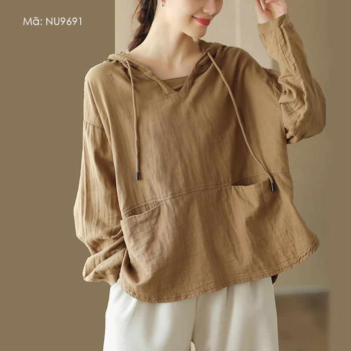 Áo hoodies dài tay retro đơn sắc hai túi - NU9691