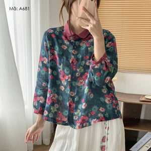 Áo sơ mi linen tay lửng cổ pipi in hoa lá - A681