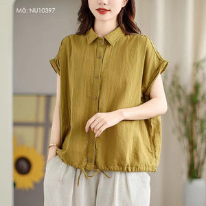 Áo sơ mi linen sát nách cổ đức vạt bằng dây rút - NU10397