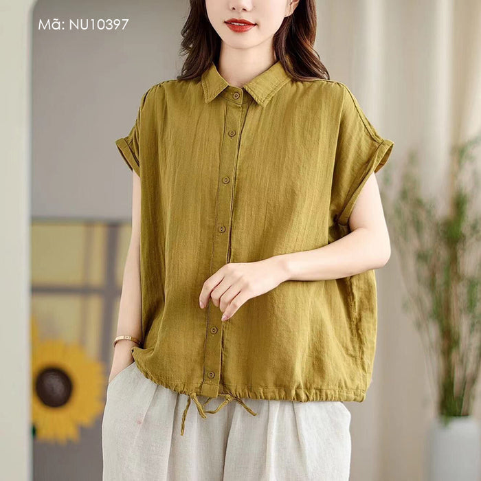 Áo sơ mi linen sát nách cổ đức vạt bằng dây rút - NU10397