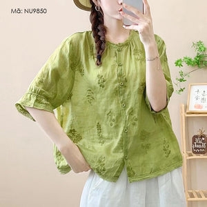 Áo sơ mi linen ngắn tay cổ tròn thêu hoa lá đồng màu - NU9850