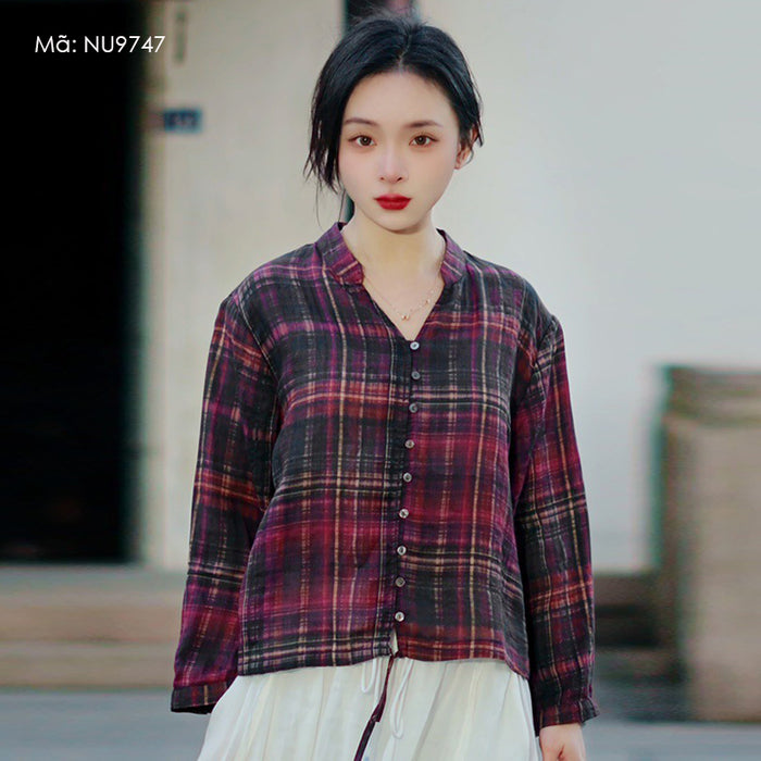 Áo sơ mi linen dài tay cổ V kẻ sọc caro - NU9747