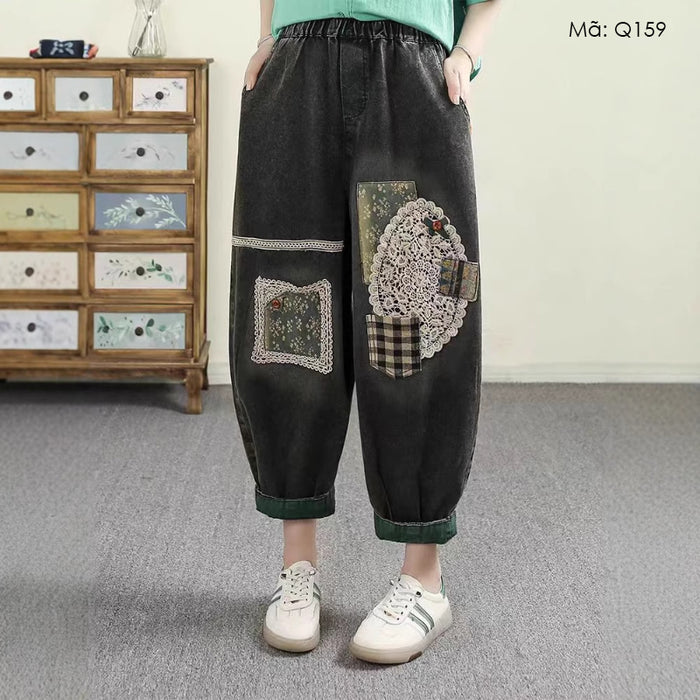 Quần baggy denim lửng lưng thun thêu hoa văn trừu tượng caro - Q159