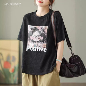 Áo T-shirt ngắn tay cổ tròn in cô gái tóc xù - NU10066