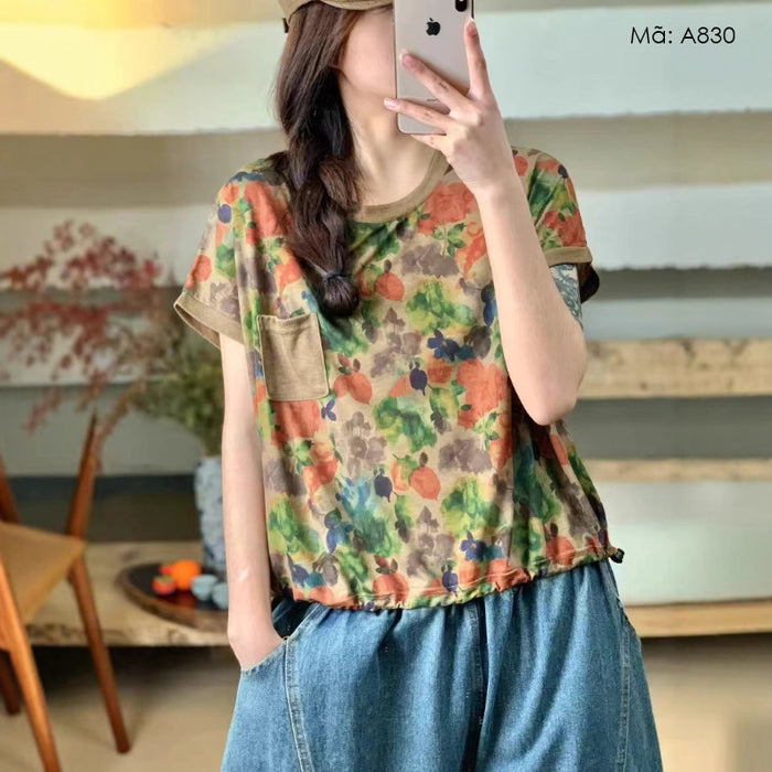 Áo T-shirt ngắn tay cổ tròn in retro vạt bo dây rút - A830