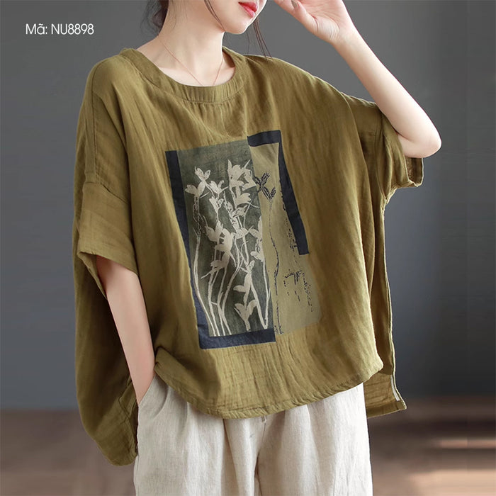 Áo T-shirt linen ngắn tay cổ tròn form rộng in hoa lá - NU8898