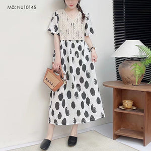 Đầm liền linen ngắn tay cổ V chấm bi đan móc - NU10145
