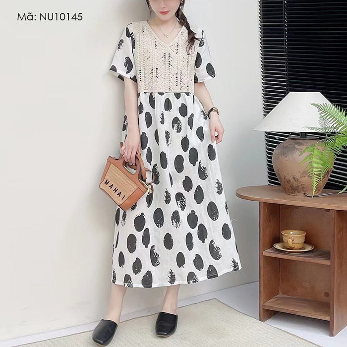 Đầm liền linen ngắn tay cổ V chấm bi đan móc - NU10145