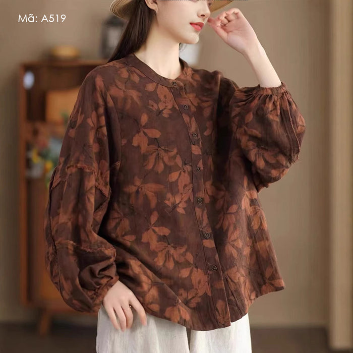 Áo sơ mi dài tay cổ đứng in hoa lá retro - A519