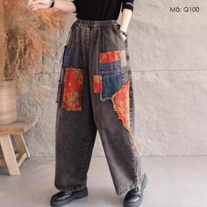 Quần baggy denim lưng thun ống rộng kiểu chắp vá - Q100