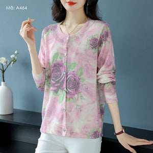 Áo khoác len cardigan dài tay cổ tròn in bông hồng - A464