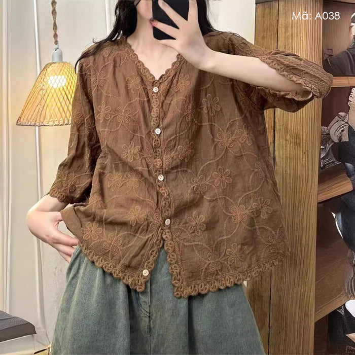 Áo sơ mi tay lửng cổ V thêu hoa lá - A037
