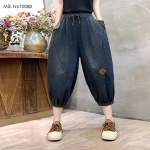 Quần baggy denim lửng lưng thun may xếp miếng vá - NU10088