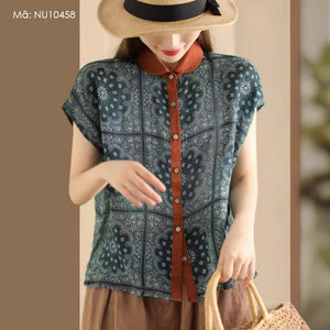 Áo sơ mi linen sát nách cổ pipi trang trí hình vuông trừu tượng - NU10458