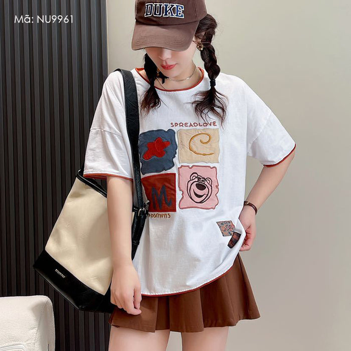 Áo T-shirt ngắn tay ô vuông mặt gấu cổ tròn - NU9961