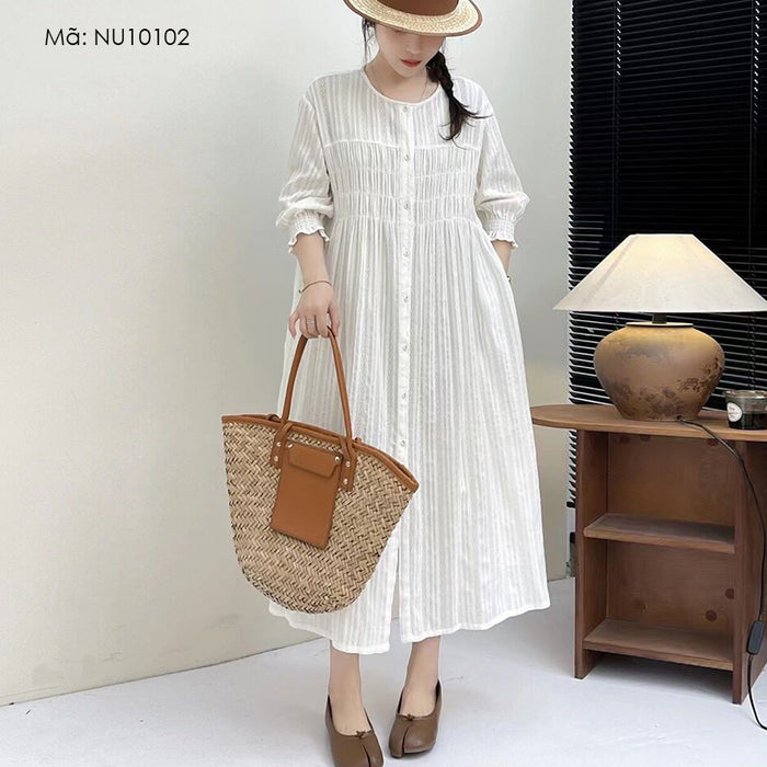 Đầm liền linen sơ mi tay lửng cổ tròn - NU10102