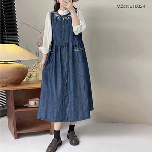 Đầm liền sơ mi denim sát nách thêu hoa lá - NU10054
