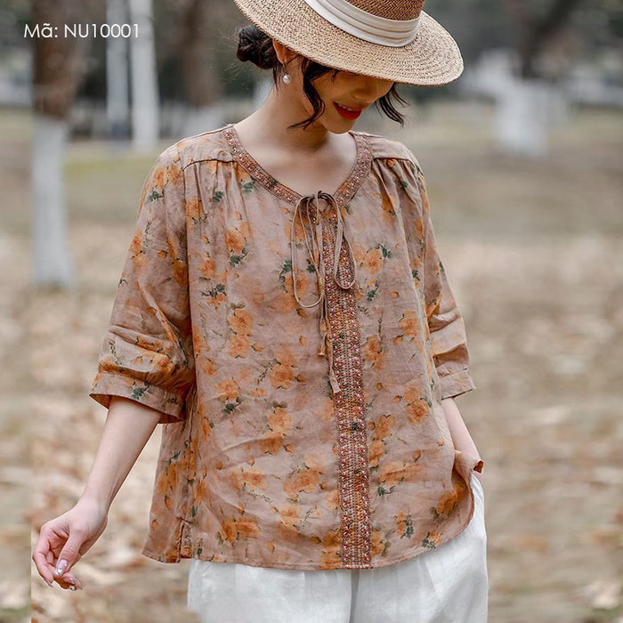 Áo sơ mi linen ngắn tay cổ V cột dây in hoa lá - NU10001