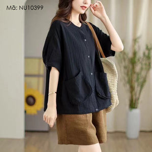 Áo sơ mi linen ngắn tay cổ tròn hai túi vuông đính lệch - NU10399