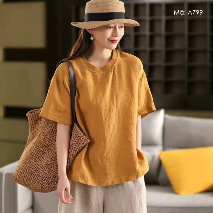 Áo T-shirt linen ngắn tay cổ tròn đơn sắc - A799