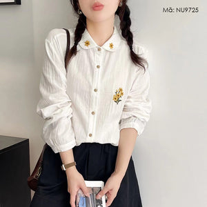 Áo sơ mi linen dài tay cổ pipi thêu hoa hướng dương - NU9725