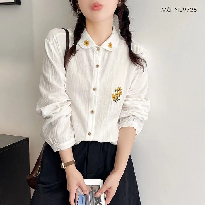 Áo sơ mi linen dài tay cổ pipi thêu hoa hướng dương - NU9725