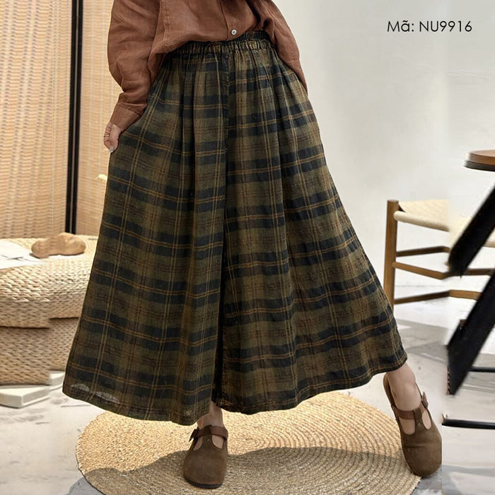 Quần baggy linen lưng thun kẻ sọc caro ống rộng - NU9916