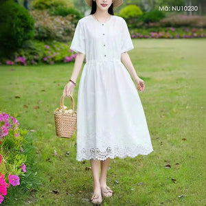 Đầm liền ngắn tay cổ tròn thêu ren khuy cài - NU10230