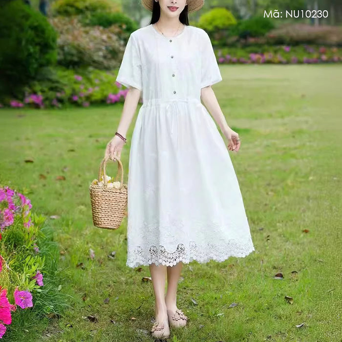 Đầm liền ngắn tay cổ tròn thêu ren khuy cài - NU10230