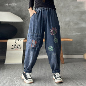 Quần baggy denim lưng thun thêu hoa sen - NU9300