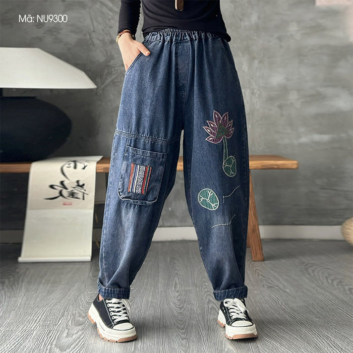 Quần baggy denim lưng thun thêu hoa sen - NU9300