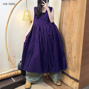 Đầm liền linen sát nách cổ V khuy cài - D033