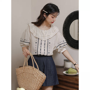 Áo sơ mi linen ngắn tay cổ lá sen thêu hoa văn retro - OD1627