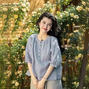 Áo sơ mi linen ngắn tay cổ tròn xếp ly - NU9978