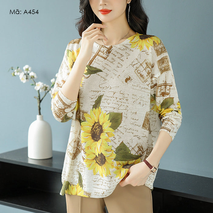 Áo len dài tay cổ tròn in hoa hướng dương và bức thư - A454