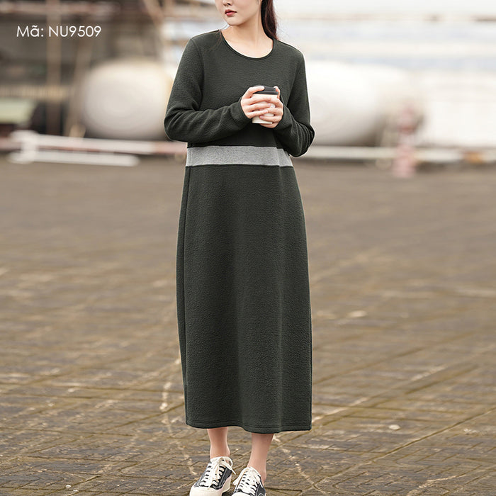 Đầm liền dệt kim dài tay cổ tròn eo phối vòng màu - NU9509