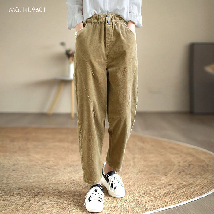 Quần baggy nhung tăm lưng thun kiểu đính hai khuy - NU9601
